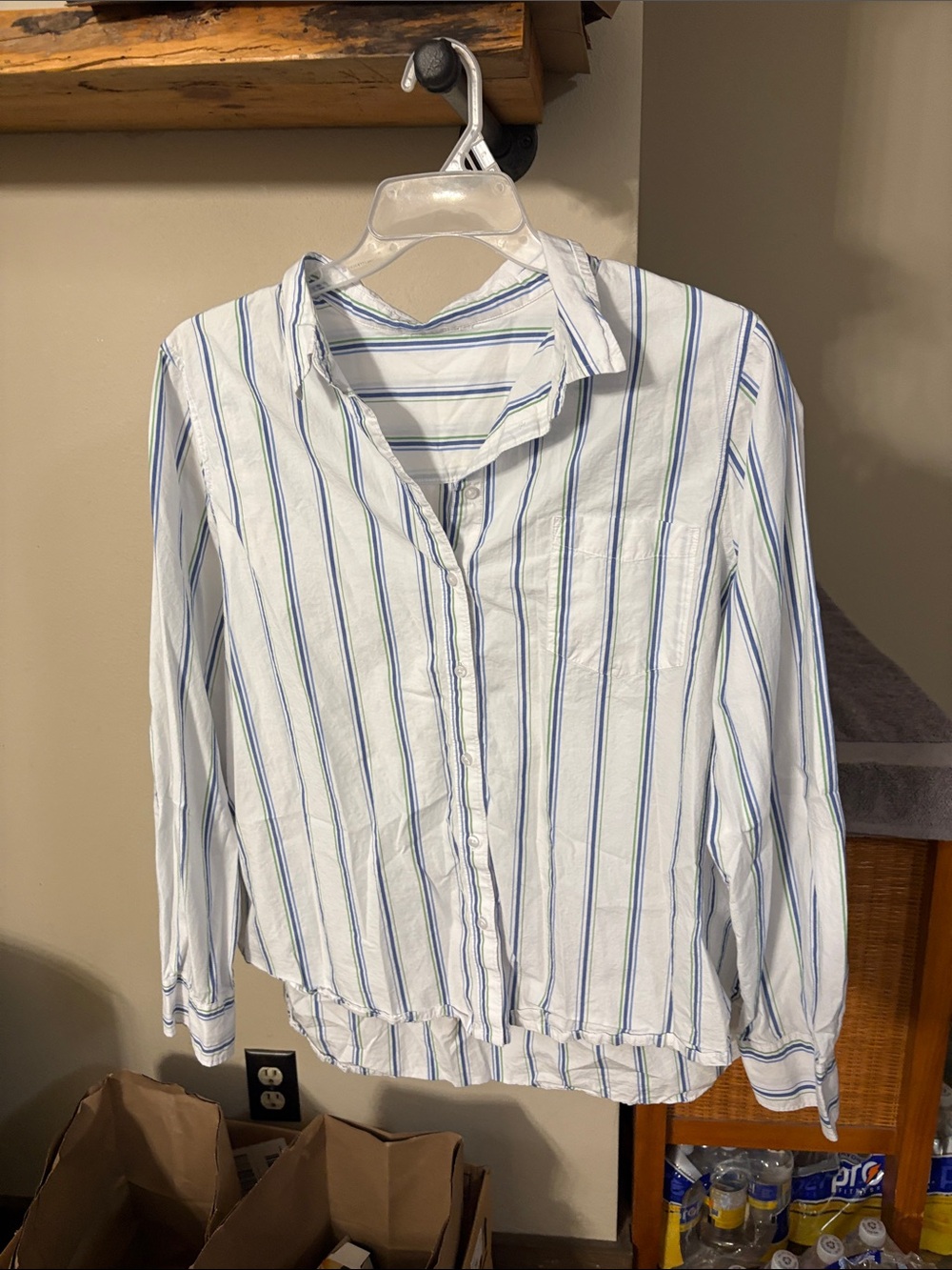 Women’s White Button-Up Shirt with Blue & Green Stripes